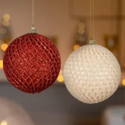 Set di 12 palline di Natale (D100 mm) Quadretti e lustrini Rosso e perla