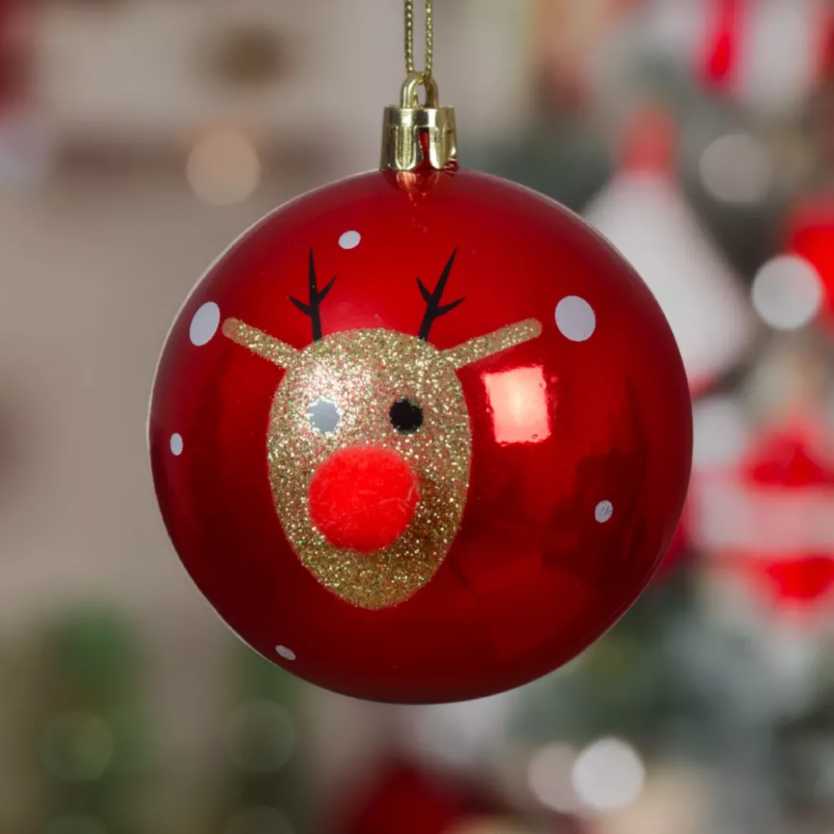 Set di 12 Palline di Natale (D80 mm) Renna Clown con glitter Rosso e oro