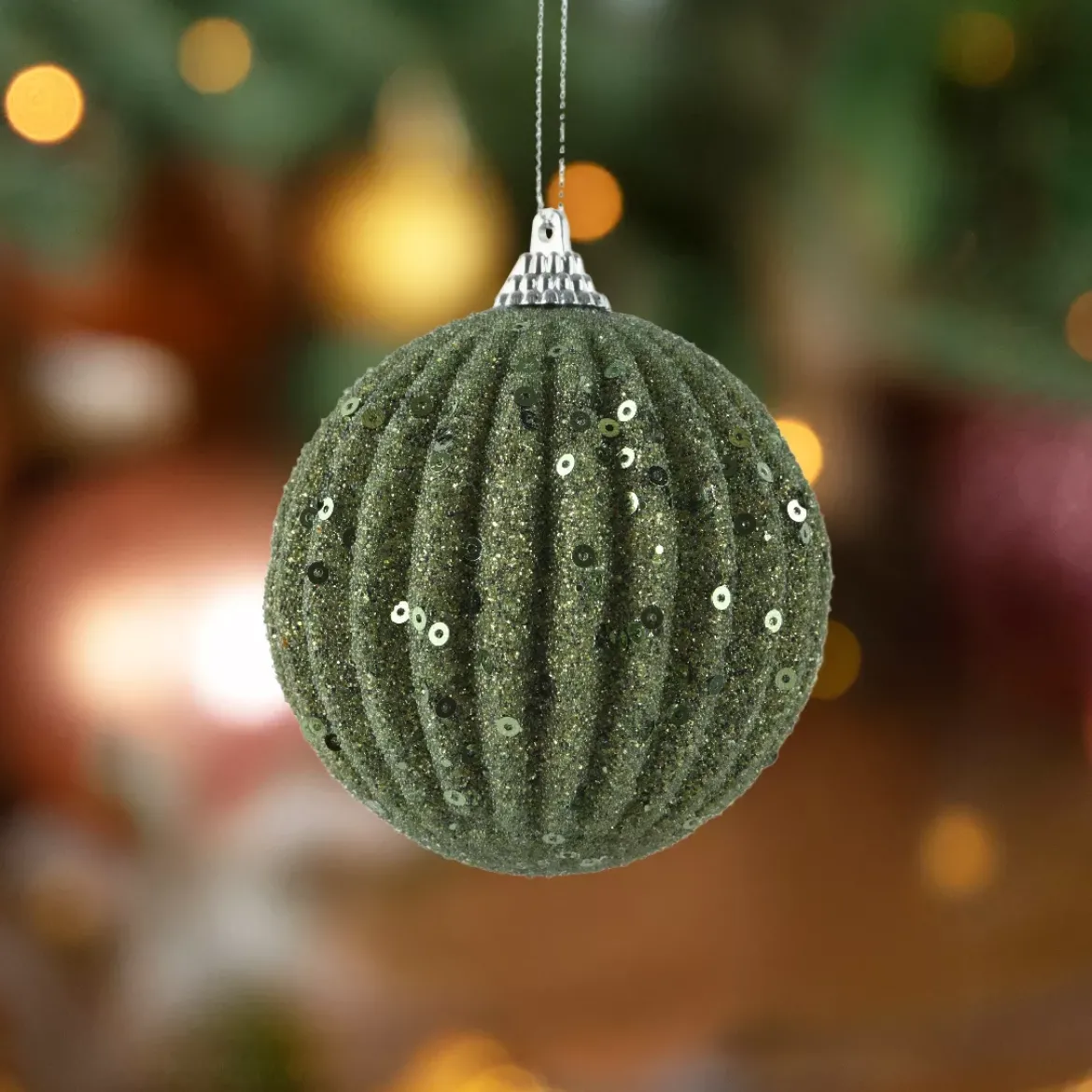 Set di 12 palline di Natale (D80 mm) Strass glitterati Verde rosmarino