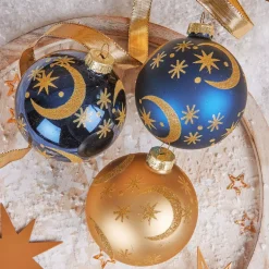Set di 12 palline di Natale in vetro (D80 mm) Luna Blu notte e dorato