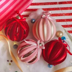 Set di 12 palline di Natale in vetro (D80 mm) Velluto e fiocco Rosso e rosa
