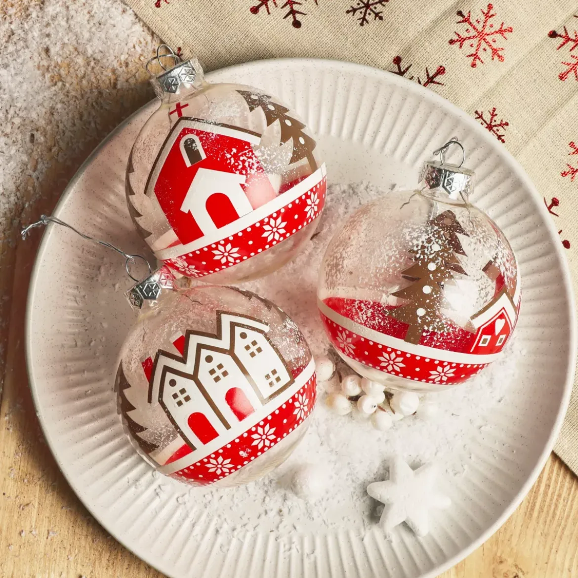 Set di 12 palline di Natale in vetro (D80 mm) Villaggi innevati Rosso e bianco