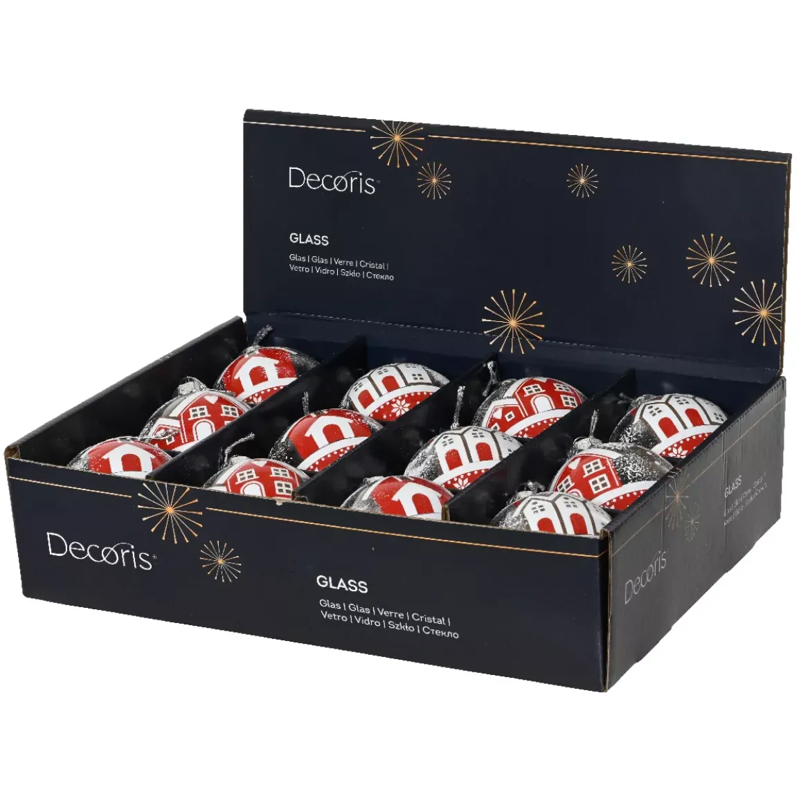 Set di 12 palline di Natale in vetro (D80 mm) Villaggi innevati Rosso e bianco