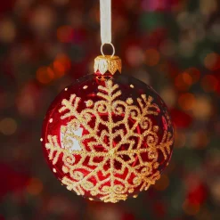 Set di 6 palline di Natale in vetro (D80 mm) Fiocco di neve glitterato Bordeaux