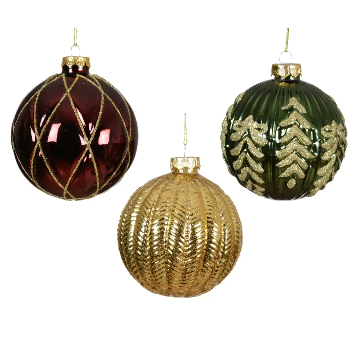 Set di 12 palline di Natale in vetro (D100 mm) Sogno Bordeaux, verde abete e oro