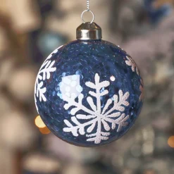 Set di 3 palline di Natale in vetro (D80 mm) Fiocchi di neve e glitter Blu notte