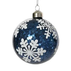 Set di 3 palline di Natale in vetro (D80 mm) Fiocchi di neve e glitter Blu notte