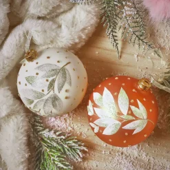 Set di 6 palline di Natale in vetro (D80 mm) Natura invernale Cognac e bianco lana
