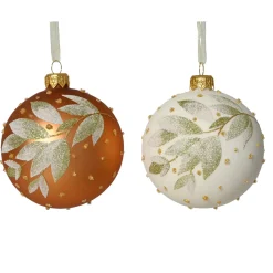 Set di 6 palline di Natale in vetro (D80 mm) Natura invernale Cognac e bianco lana
