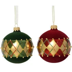 Set di 6 palline di Natale in vetro (D80 mm) Quadretti di velluto Bordeaux e verde abete