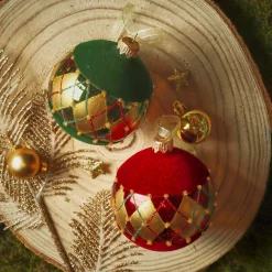 Set di 6 palline di Natale in vetro (D80 mm) Quadretti di velluto Bordeaux e verde abete