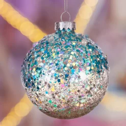 Set di 3 palline di Natale in vetro (D80 mm) Glitterate Blu