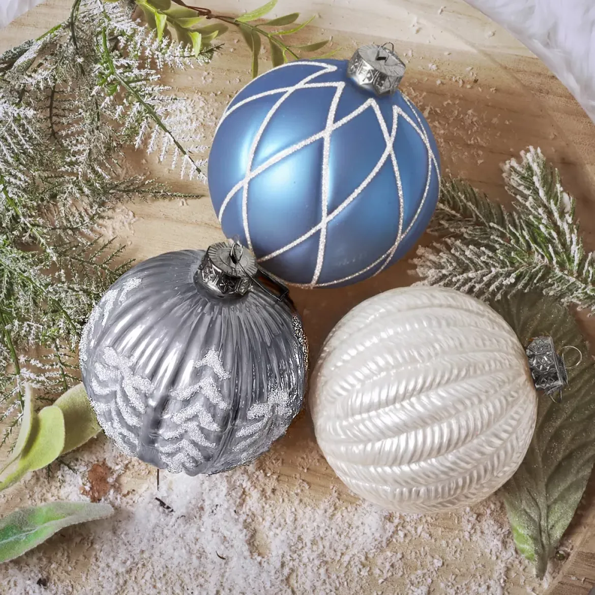 Set di 12 palline di Natale in vetro (D100 mm) Sogno Cielo blu, bianco e grigio