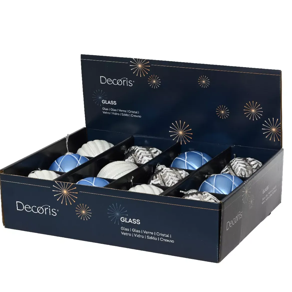 Set di 12 palline di Natale in vetro (D100 mm) Sogno Cielo blu, bianco e grigio