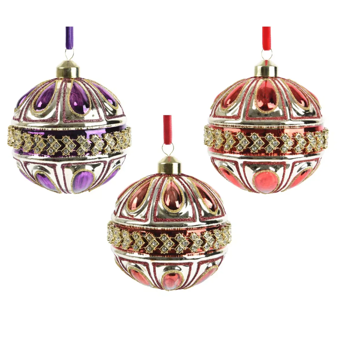 Set di 12 palline di Natale in vetro (D100mm) Diamante Rocaille Rosso e viola