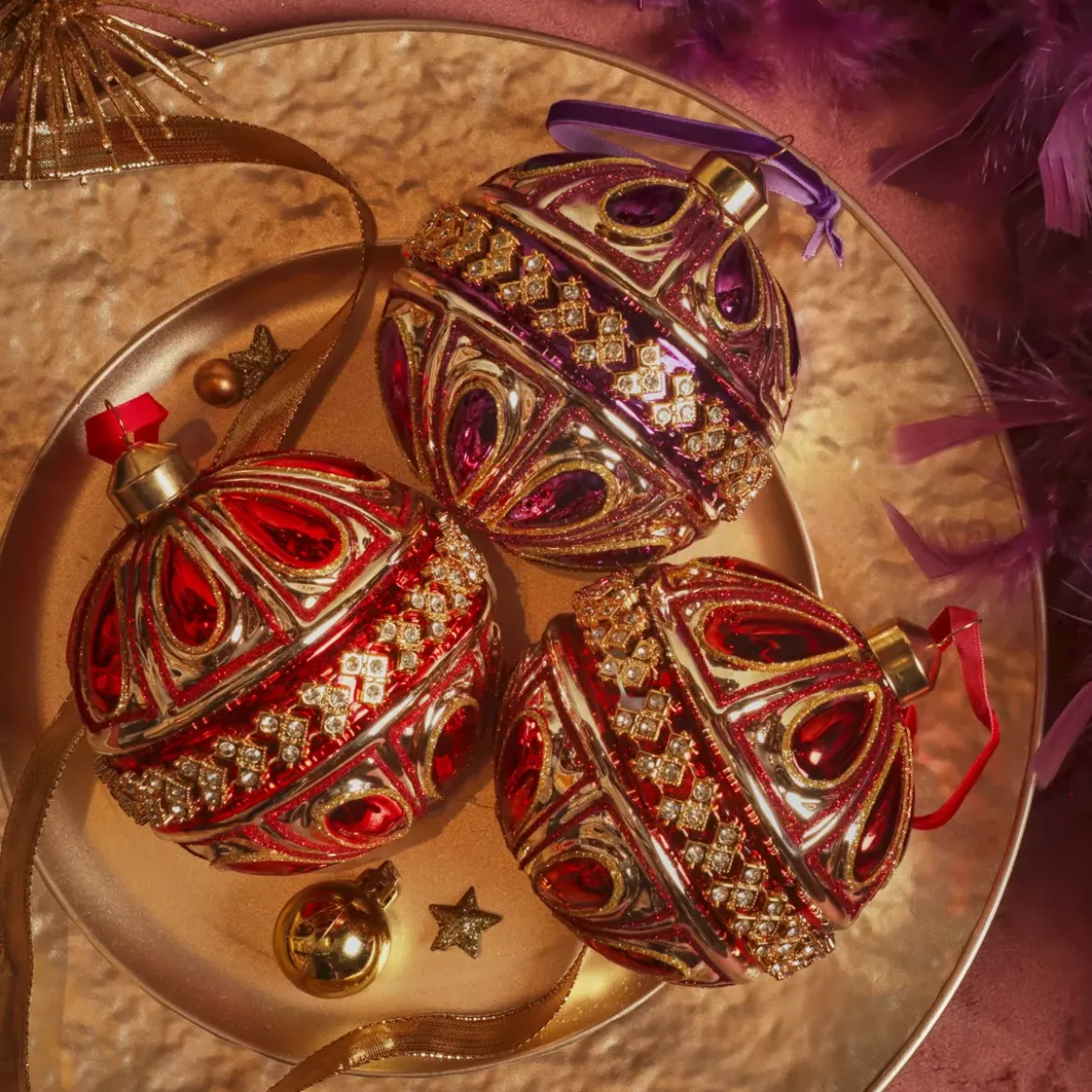Set di 12 palline di Natale in vetro (D100mm) Diamante Rocaille Rosso e viola