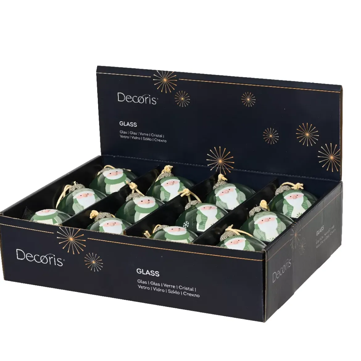 Set di 12 palline di Natale in vetro (D80 mm) Folletti allegri Verde rosmarino
