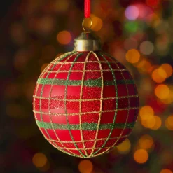 Set di 3 palline di Natale in vetro (D80 mm) Quadretti luccicanti Rosso