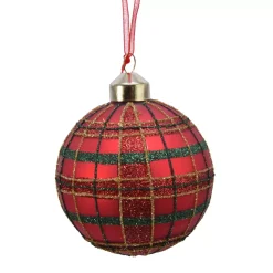 Set di 3 palline di Natale in vetro (D80 mm) Quadretti luccicanti Rosso