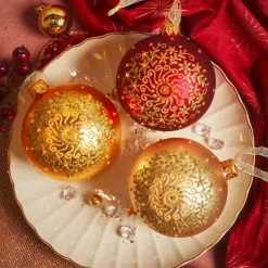 Set di 6 palline di Natale in vetro (D80 mm) Arabesco dorato glitterato