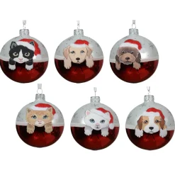 Set di 6 palline di Natale in vetro (D80 mm) Cani e Gatti