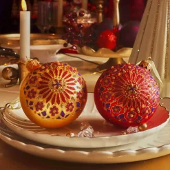 Set di 6 palline di Natale in vetro (D80 mm) Fiocchi di Lapponia Rosso e oro