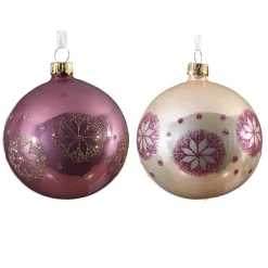 Set di 6 palline di Natale in vetro (D80 mm) Medaglione di neve Rosa e perla