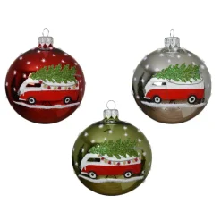 Set di 6 palline di Natale in vetro (D80 mm) Mini bus e Alberi di Natale