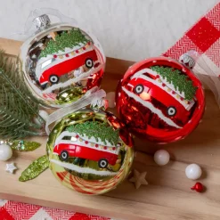 Set di 6 palline di Natale in vetro (D80 mm) Mini bus e Alberi di Natale