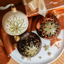 Set di 6 palline di Natale in vetro (D80 mm) Petali dorati Nero tartufo