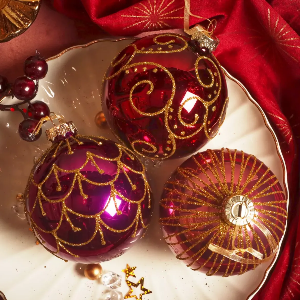 Set di 12 palline di Natale in vetro (D80 mm) Palazzo Italiano Fico e oro