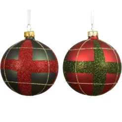 Set di 6 palline di Natale in vetro (D80 mm) Scozzese rosso e verde