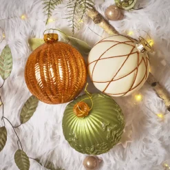 Set di 12 palline di Natale in vetro (D100 mm) Sogno Bianco lana, Cognac e Verde rosmarino