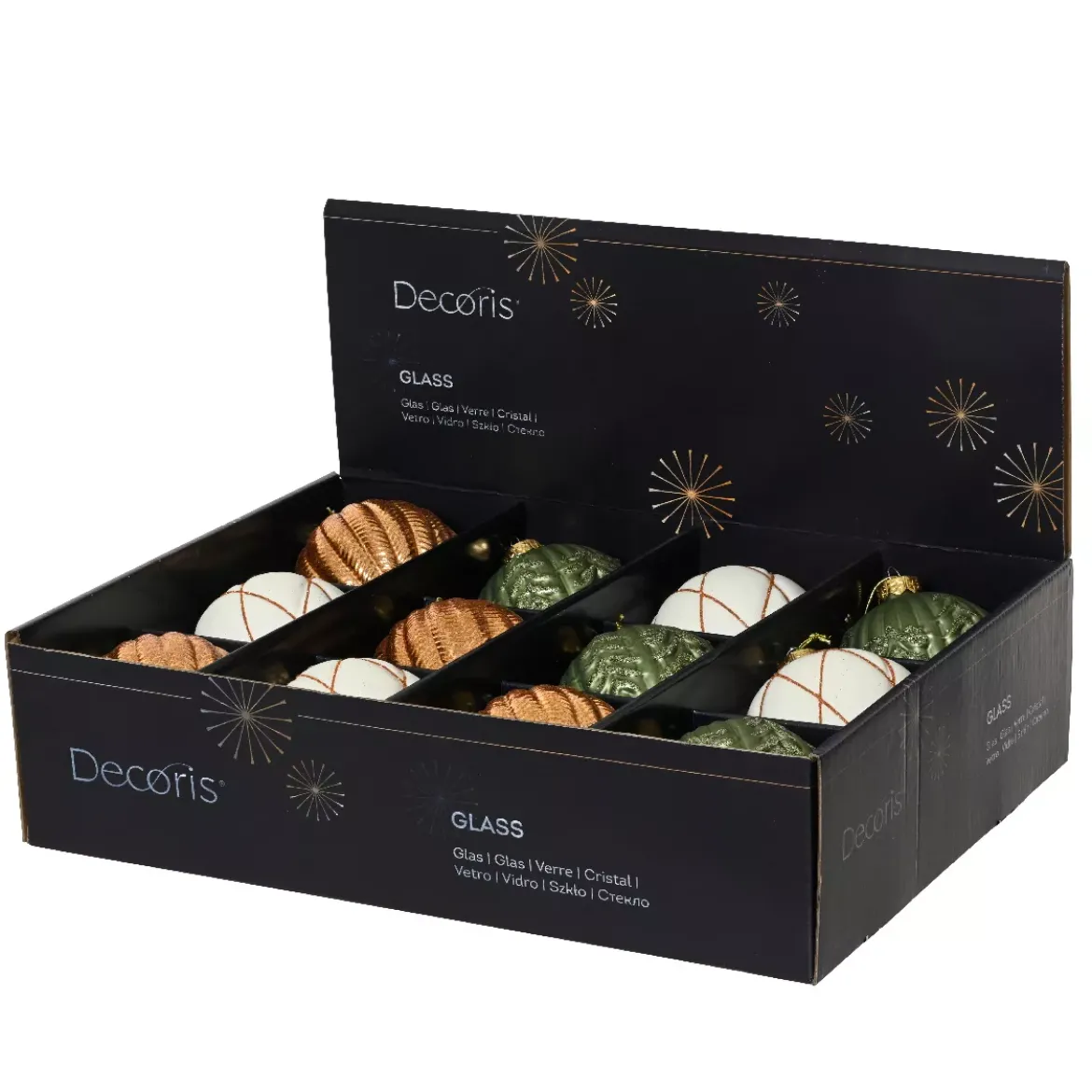 Set di 12 palline di Natale in vetro (D100 mm) Sogno Bianco lana, Cognac e Verde rosmarino