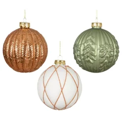 Set di 12 palline di Natale in vetro (D100 mm) Sogno Bianco lana, Cognac e Verde rosmarino