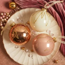 Set di 12 palline di Natale in vetro (D80 mm) chic Cognac, bianco lana e pesca