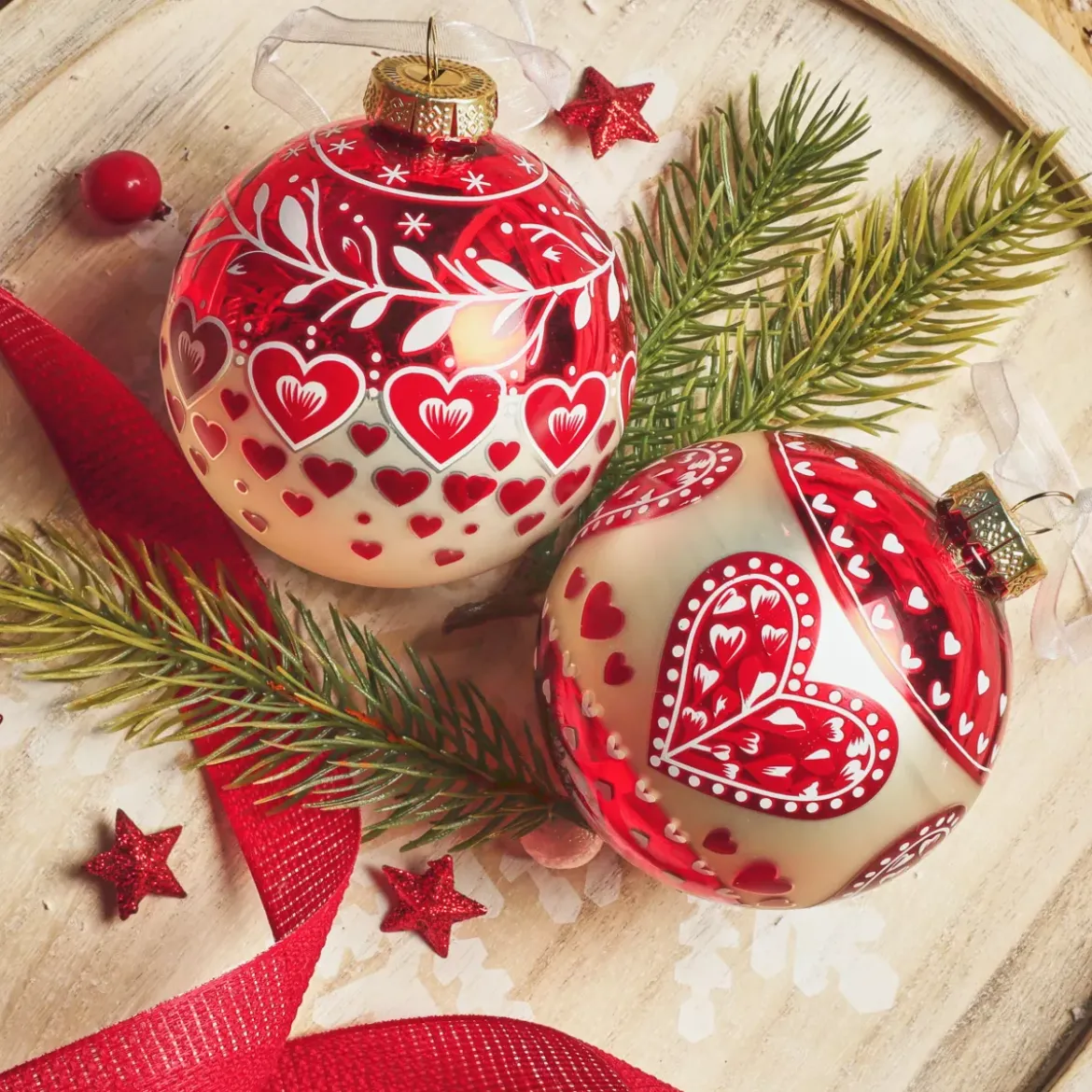 Set di 12 palline di Natale in vetro (D80 mm) Cuore di Natale Rosso