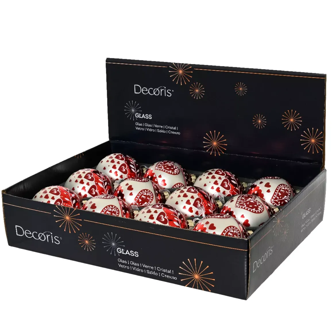 Set di 12 palline di Natale in vetro (D80 mm) Cuore di Natale Rosso