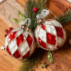 Set di 12 palline di Natale in vetro (D80 mm) a scacchi rosso e bianco