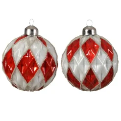 Set di 12 palline di Natale in vetro (D80 mm) a scacchi rosso e bianco