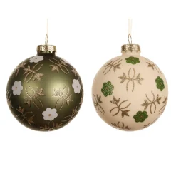Set di 12 palline di Natale in vetro (D80 mm) Fiori Natura Verde matcha e bianco