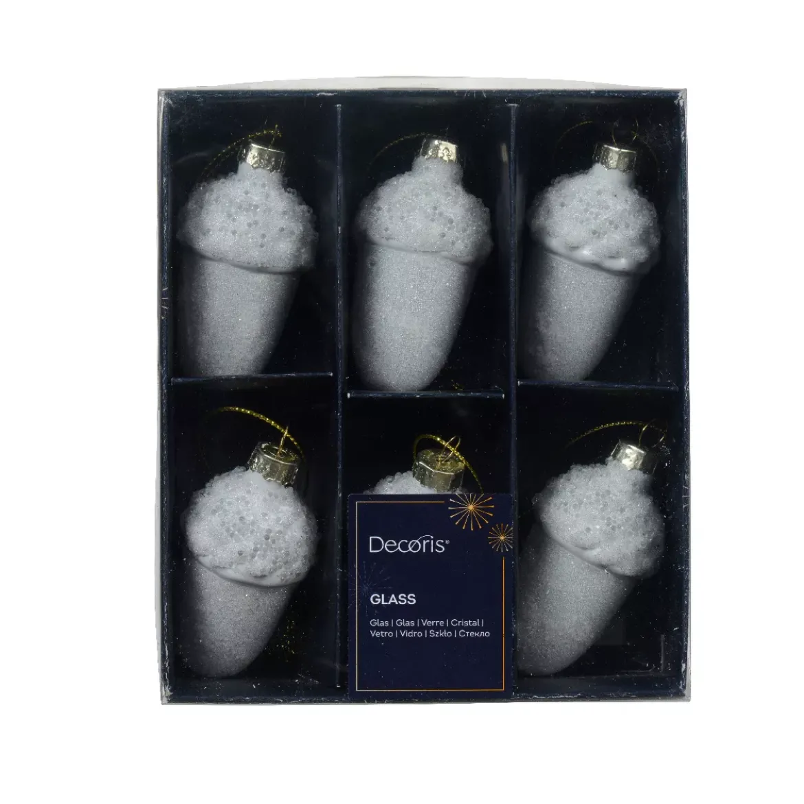 Set di 6 pendenti natalizi in vetro (H6 cm) Ghiande di quercia Bianco ghiacciato