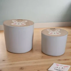 Set di 2 pouf contenitori bambini legno (Alt 31 e 24 cm) Coniglio Grigio