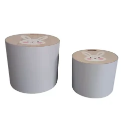 Set di 2 pouf contenitori bambini legno (Alt 31 e 24 cm) Coniglio Grigio