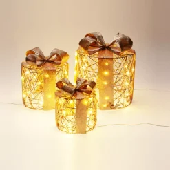 Set di 3 regali luminosi con pile 135 LED (H25 cm) Rotondo e chic Bianco caldo dorato