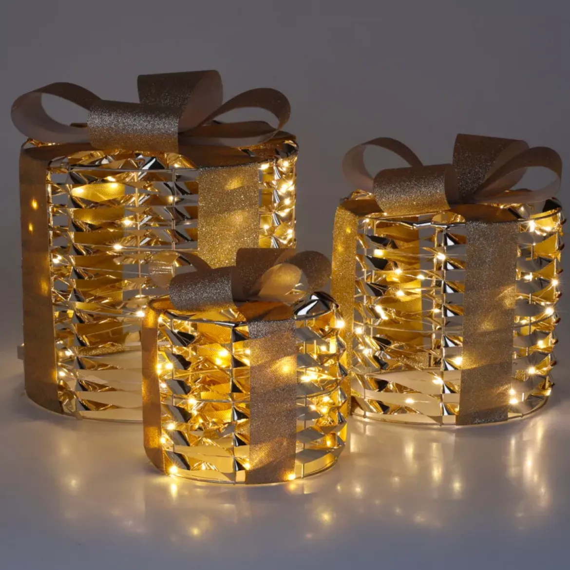 Set di 3 regali luminosi 135 LED (H25 cm) Rotondo e chic Oro