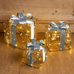Set di 3 regali luminosi 90 LED (H29 cm) Festivo Oro e bianco caldo