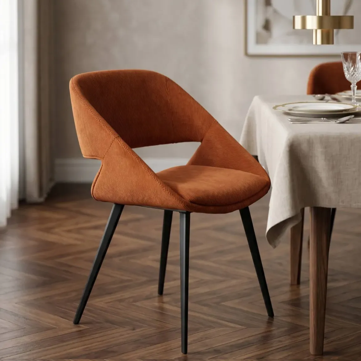 Set di 2 sedie da pranzo in velluto a coste (seduta 49 cm) Orka Cognac