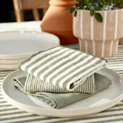 Set di 3 tovaglioli in garza di cotone (40 x 40 cm) Gaïa a righe Verde eucalipto