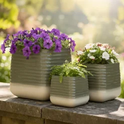Set di 3 vasi da esterno quadrati (H49-37-27 cm) Jamie Grigio e beige